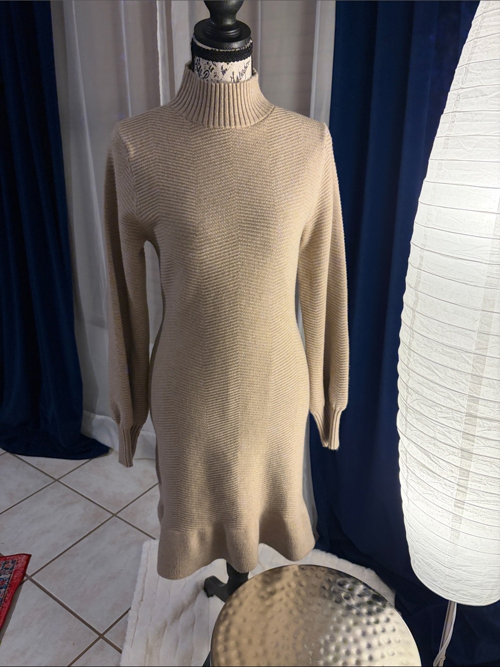 HALARA Beige Knit Turtleneck Midi Dress